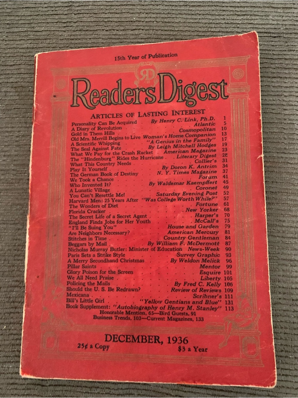 Reader's Digest Vintage Red Magazine - December 1936 WWII 15th Year of Pub
